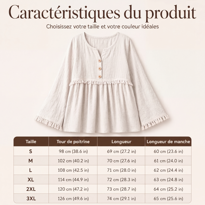 Haut décontracté pour femme, ample, à manches longues et à franges