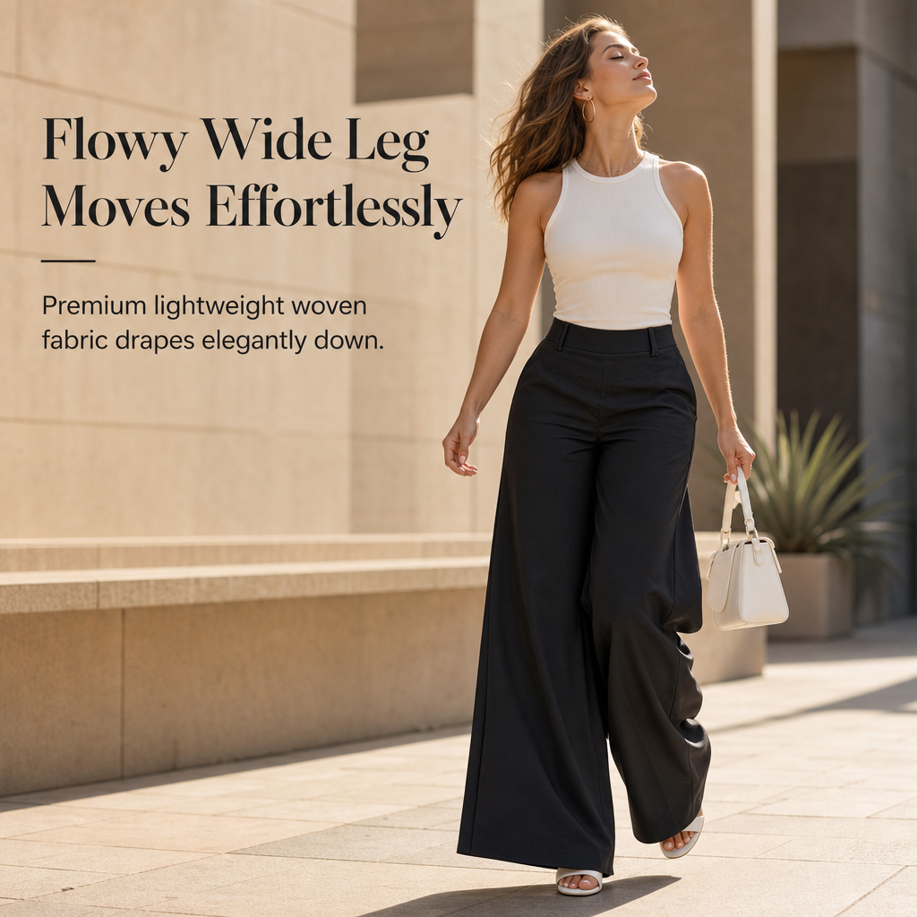 Pantalon décontracté pour femme, taille haute, coupe ajustée et jambes larges, au tombé fluide