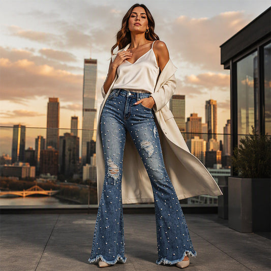 Jeans flare taille haute délavés pour femme