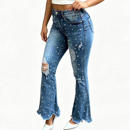 Jeans flare taille haute délavés pour femme