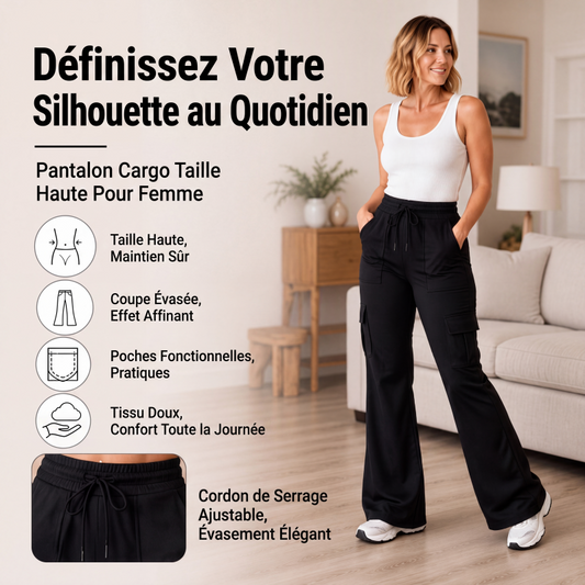 Pantalon cargo évasé à taille haute avec cordon de serrage pour femme