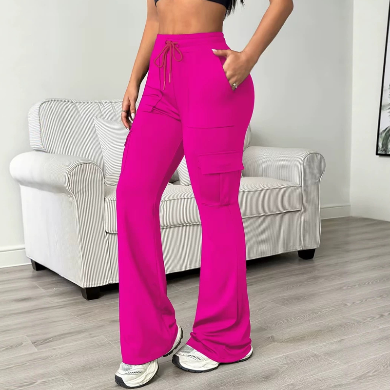 Pantalon cargo évasé à taille haute avec cordon de serrage pour femme