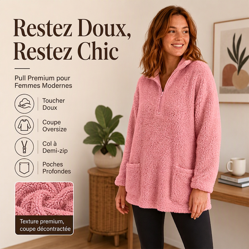 Sweatshirt pelucheux pour femme à demi-zip avec poches