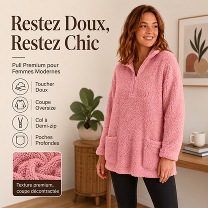 Sweatshirt pelucheux pour femme à demi-zip avec poches