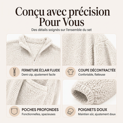 Sweatshirt pelucheux pour femme à demi-zip avec poches