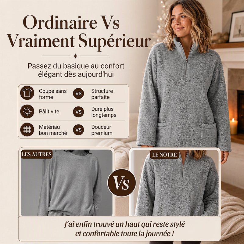 Sweatshirt pelucheux pour femme à demi-zip avec poches