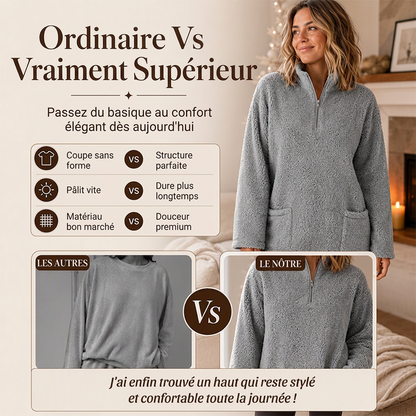 Sweatshirt pelucheux pour femme à demi-zip avec poches