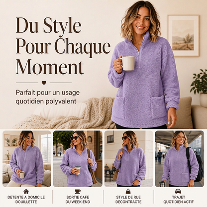 Sweatshirt pelucheux pour femme à demi-zip avec poches