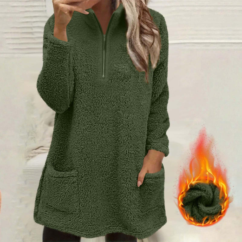 Sweatshirt pelucheux pour femme à demi-zip avec poches