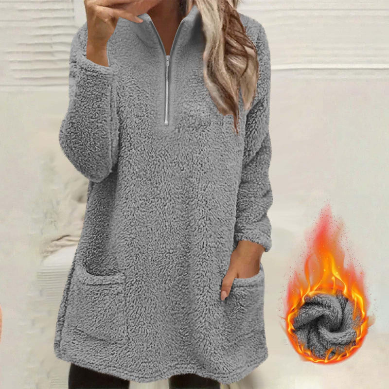 Sweatshirt pelucheux pour femme à demi-zip avec poches