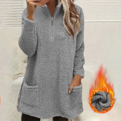 Sweatshirt pelucheux pour femme à demi-zip avec poches