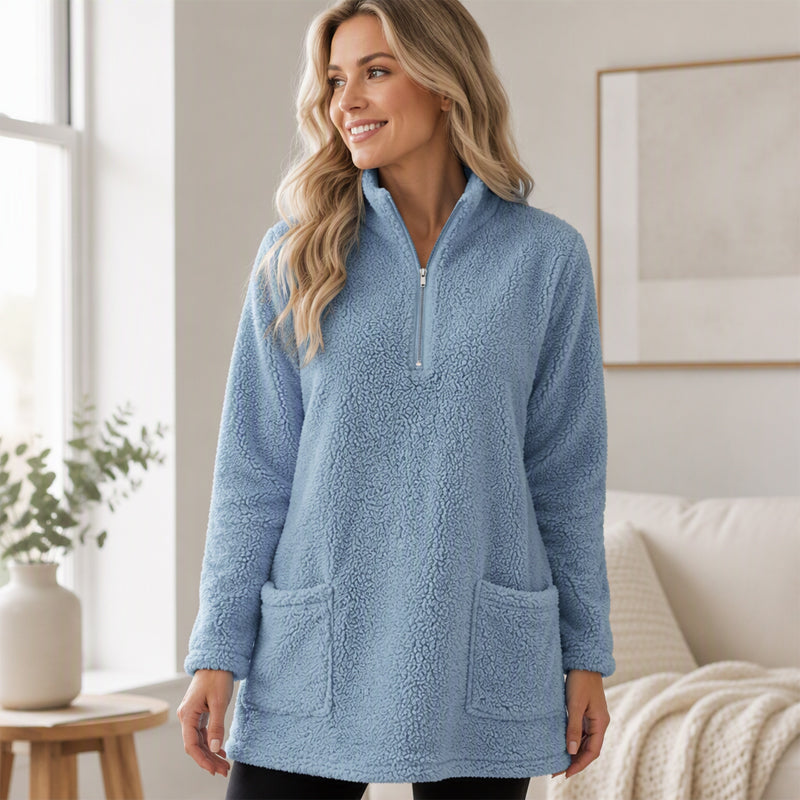 Sweatshirt pelucheux pour femme à demi-zip avec poches