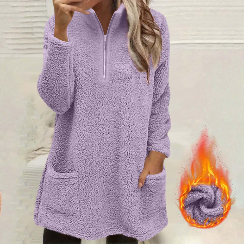 Sweatshirt pelucheux pour femme à demi-zip avec poches