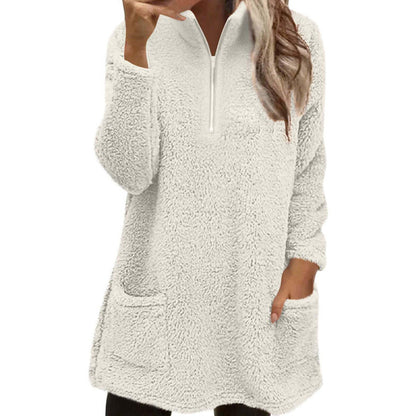 Sweatshirt pelucheux pour femme à demi-zip avec poches
