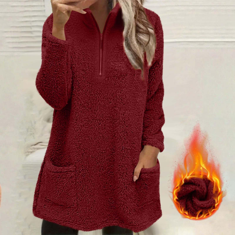 Sweatshirt pelucheux pour femme à demi-zip avec poches