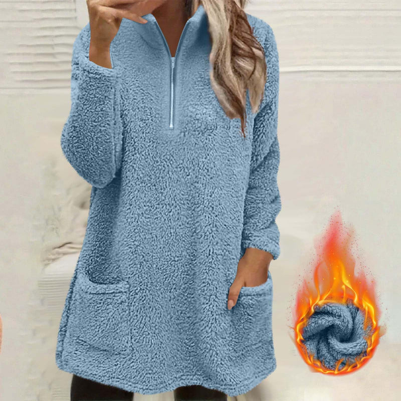 Sweatshirt pelucheux pour femme à demi-zip avec poches