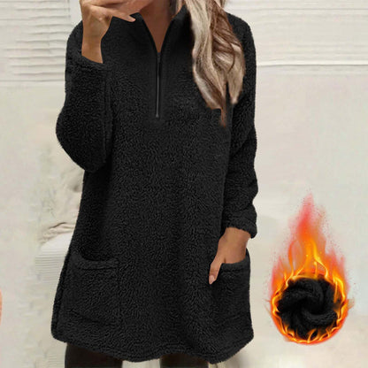 Sweatshirt pelucheux pour femme à demi-zip avec poches