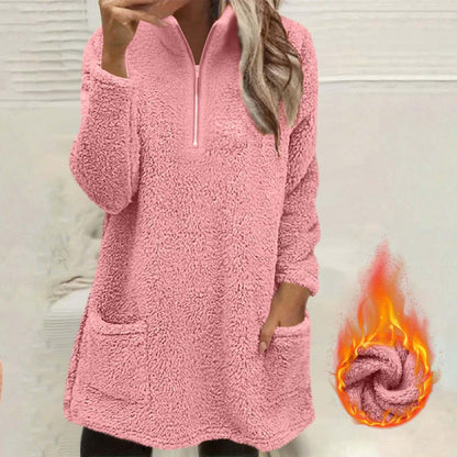Sweatshirt pelucheux pour femme à demi-zip avec poches
