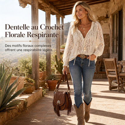 Blouse pull en dentelle élégante pour femme, coupe ample et manches longues