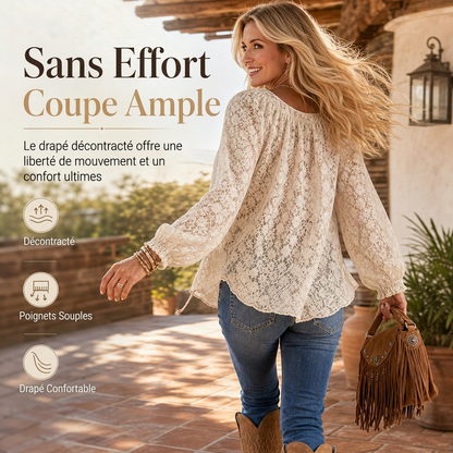 Blouse pull en dentelle élégante pour femme, coupe ample et manches longues