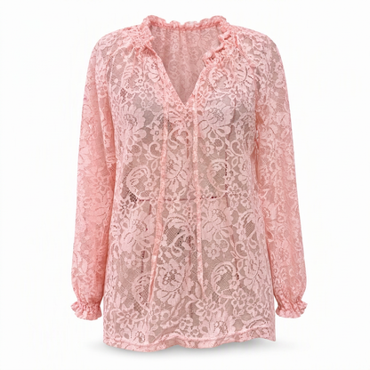 Blouse pull en dentelle élégante pour femme, coupe ample et manches longues