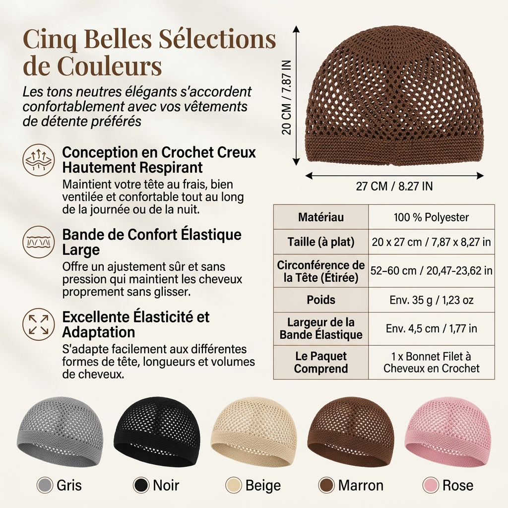 Bonnet à filet pour cheveux en maille élastique et respirant avec bande large, couvre-cheveux ajouré
