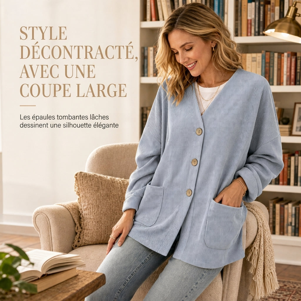 Cardigan décontracté pour femme en velours côtelé à col V