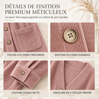 Cardigan décontracté pour femme en velours côtelé à col V