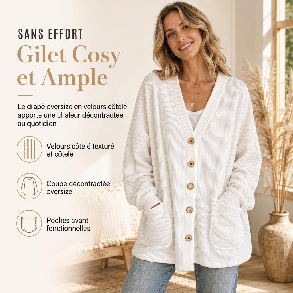 Cardigan décontracté pour femme en velours côtelé à col V