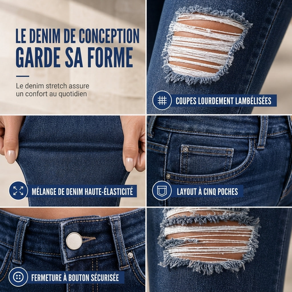 Jean skinny taille haute déchiré pour femme, pantalon en denim stretch délavé