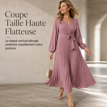 Robe longue élégante pour femme, col V croisé et plissée
