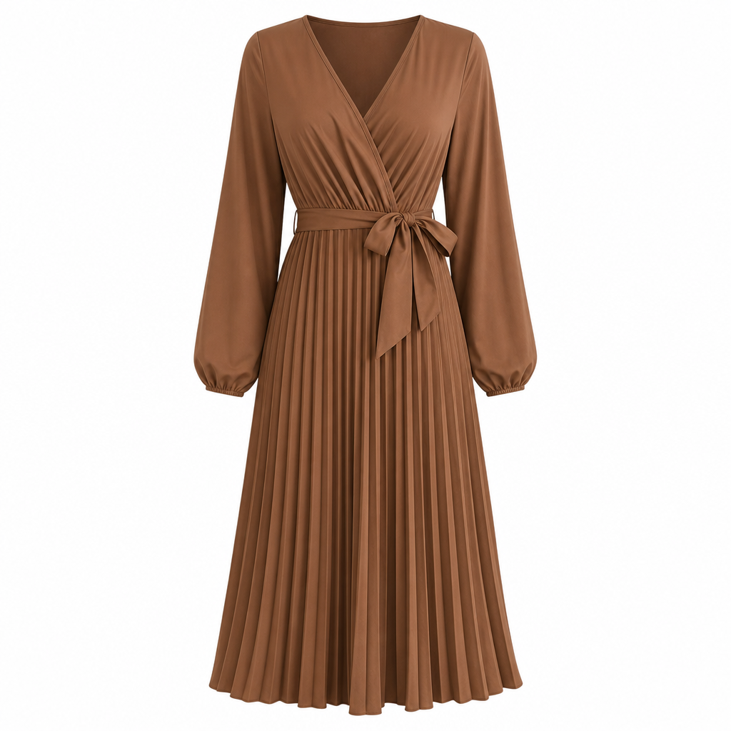 Robe longue élégante pour femme, col V croisé et plissée