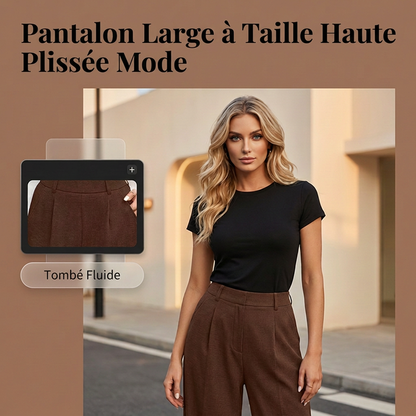 Pantalon large plissé taille haute pour femme