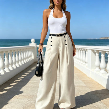 Pantalon large élégant à double boutonnage pour femme