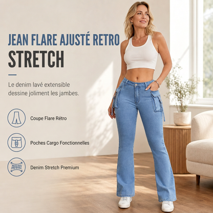 Jean cargo flare pour femme, taille haute, très extensible, coupe ajustée avec poches à rabat