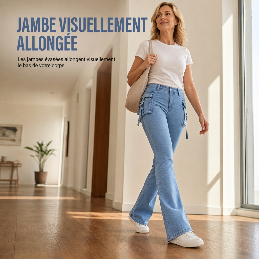 Jean cargo flare pour femme, taille haute, très extensible, coupe ajustée avec poches à rabat