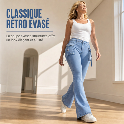 Jean cargo flare pour femme, taille haute, très extensible, coupe ajustée avec poches à rabat