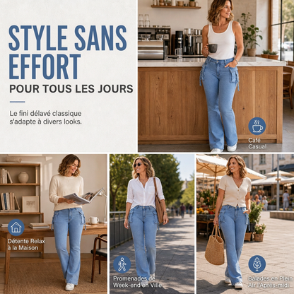Jean cargo flare pour femme, taille haute, très extensible, coupe ajustée avec poches à rabat