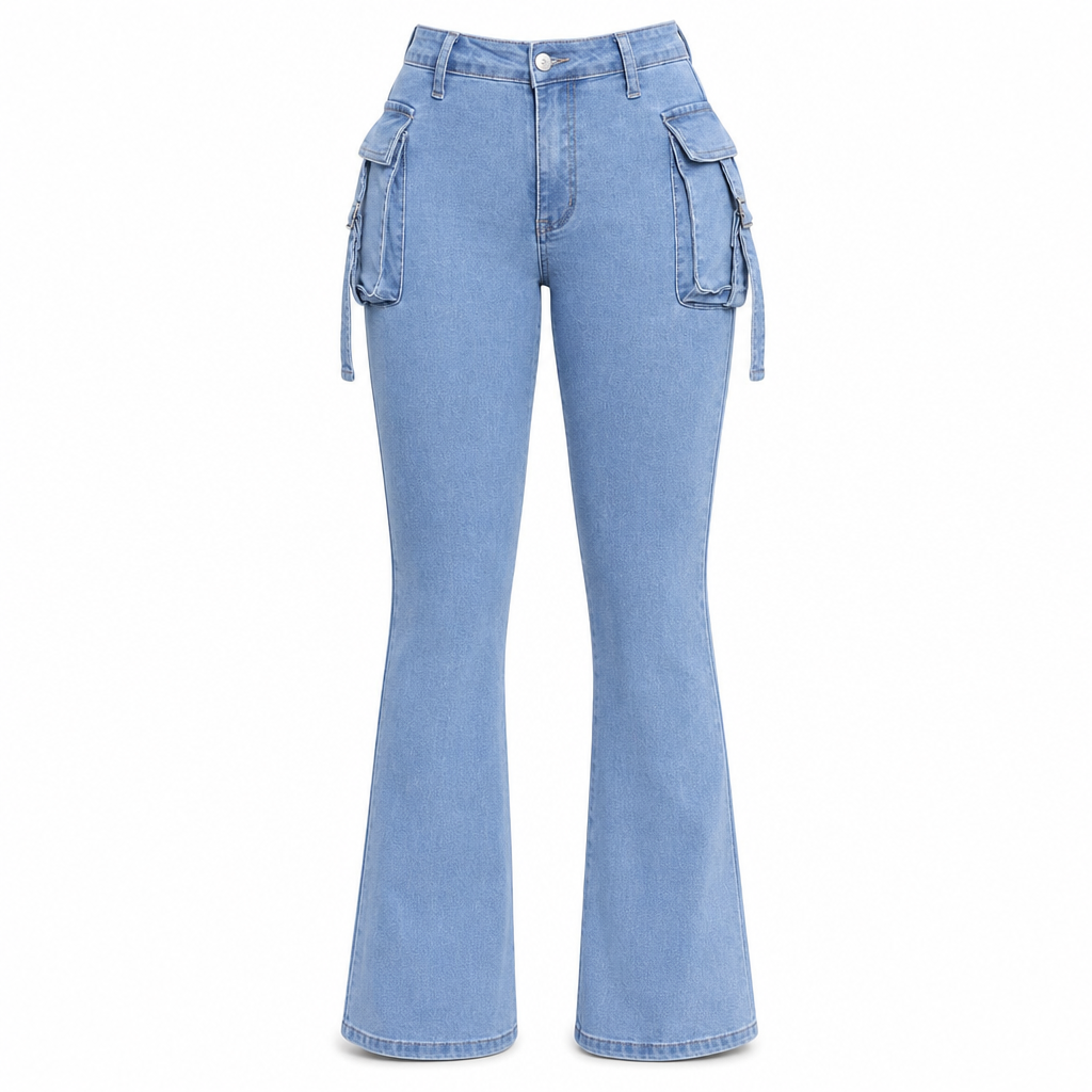 Jean cargo flare pour femme, taille haute, très extensible, coupe ajustée avec poches à rabat