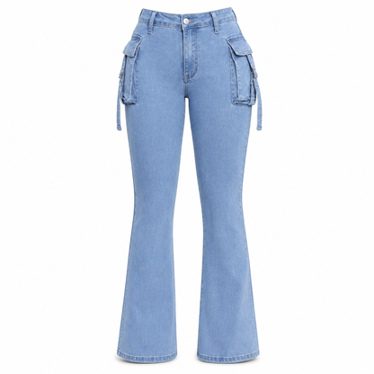 Jean cargo flare pour femme, taille haute, très extensible, coupe ajustée avec poches à rabat