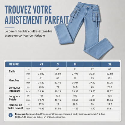 Jean cargo flare pour femme, taille haute, très extensible, coupe ajustée avec poches à rabat
