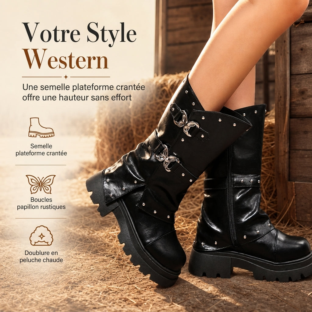 Bottines à talon bloc mi-haut à plateforme pour femmes, avec bout rond, coutures, revers repliable et bride à boucle