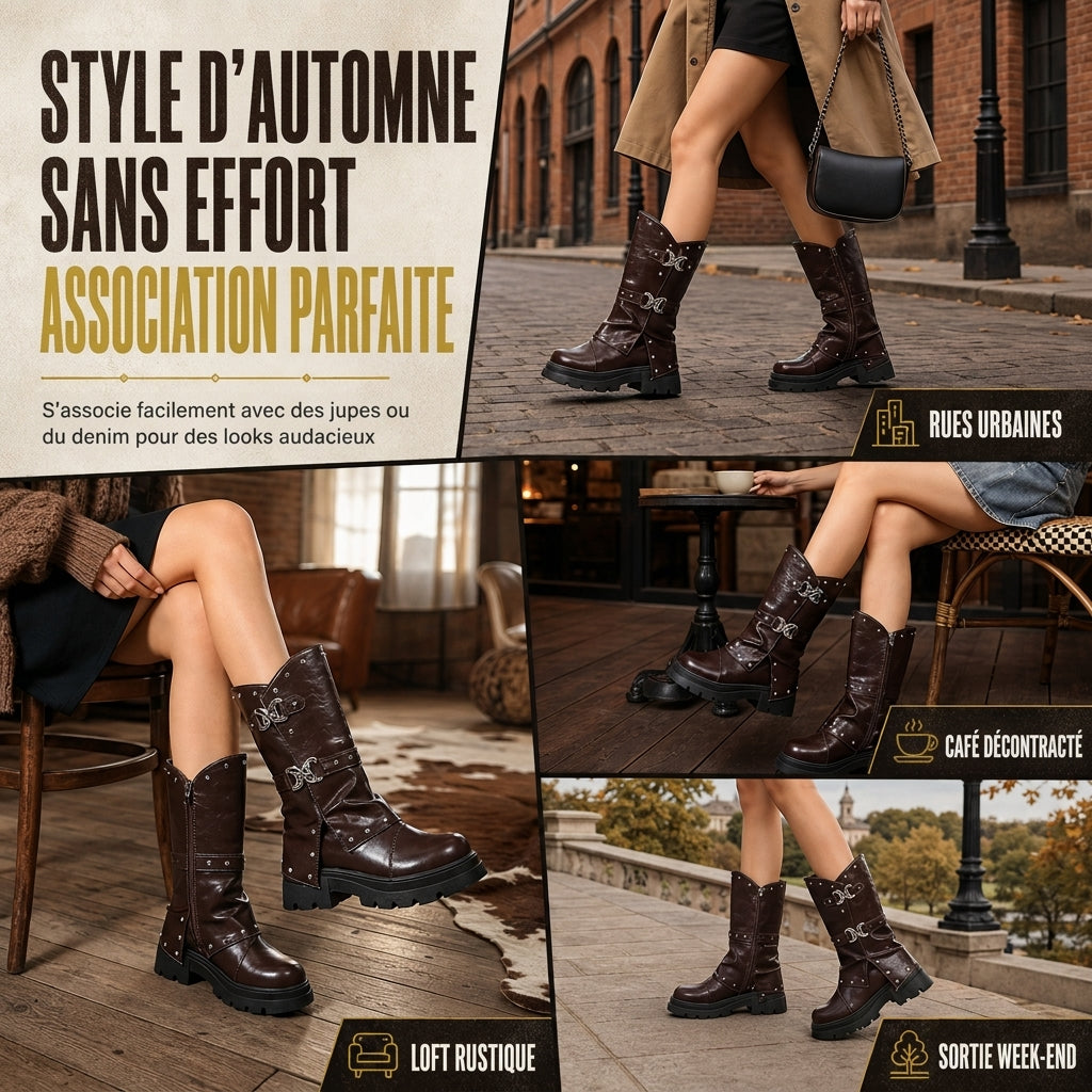 Bottines à talon bloc mi-haut à plateforme pour femmes, avec bout rond, coutures, revers repliable et bride à boucle