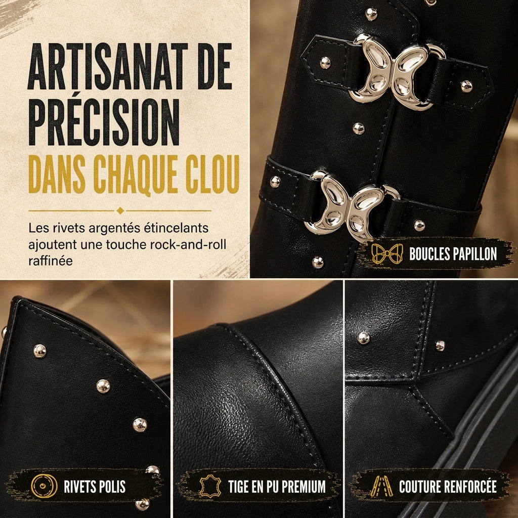Bottines à talon bloc mi-haut à plateforme pour femmes, avec bout rond, coutures, revers repliable et bride à boucle