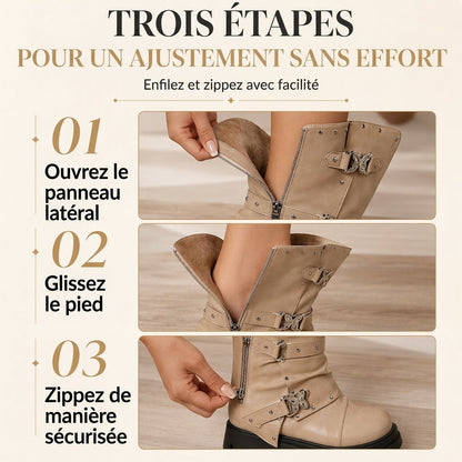 Bottines à talon bloc mi-haut à plateforme pour femmes, avec bout rond, coutures, revers repliable et bride à boucle