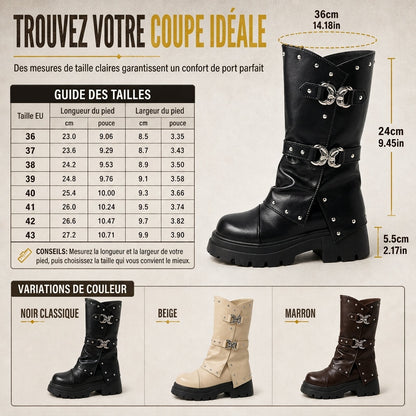 Bottines à talon bloc mi-haut à plateforme pour femmes, avec bout rond, coutures, revers repliable et bride à boucle