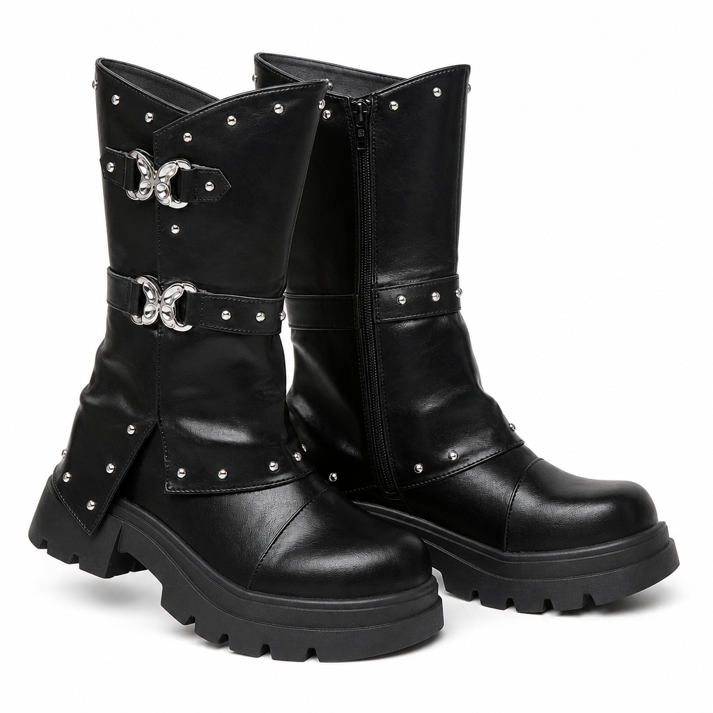 Bottines à talon bloc mi-haut à plateforme pour femmes, avec bout rond, coutures, revers repliable et bride à boucle