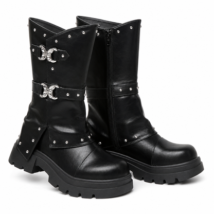 Bottines à talon bloc mi-haut à plateforme pour femmes, avec bout rond, coutures, revers repliable et bride à boucle