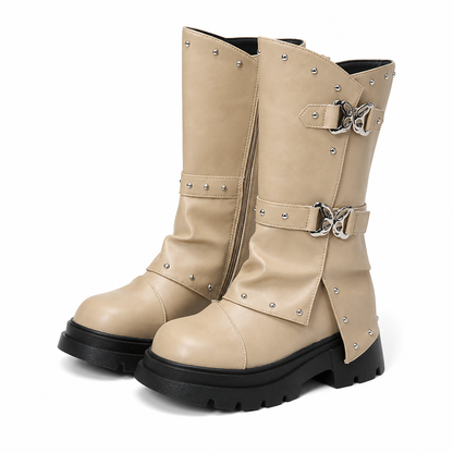 Bottines à talon bloc mi-haut à plateforme pour femmes, avec bout rond, coutures, revers repliable et bride à boucle