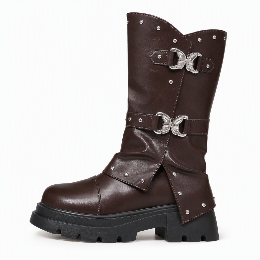 Bottines à talon bloc mi-haut à plateforme pour femmes, avec bout rond, coutures, revers repliable et bride à boucle